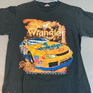 Wrangler Black Tee with Yellow & Blue Racing Car Graphic